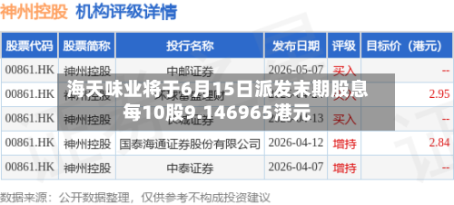 海天味业将于6月15日派发末期股息每10股9.146965港元